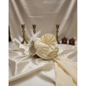 ผ้าโพกหัวเจ้าบ่าวทำมือจากผ้าไหมครีมประดับคริสตัลและขนนก - Product Image 2
