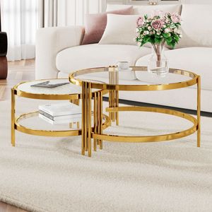 Juego de mesas de centro modernas de 2 piezas con acabado dorado, mesas nido de vidrio texturizado para sala de estar, 32.7 pulgadas - Product Image 3