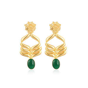 Pendientes Colgantes de Latón Chapado en Oro con Gema Hidroelástica Verde de Diseño Floral, Joyería de Moda Hecha a Mano para Mujer con Engaste de Bisel - Product Image 1
