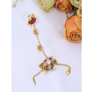 Elegante brazalete de mano chapado en oro de primera calidad con perlas Kundan para mujeres, joyería tradicional india Hathphool. - Product Image 1