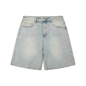Shorts en jean pour hommes, coupe baggy, délavés à l'acide, bords bruts, style streetwear, avec strass et logo personnalisé - Product Image 1