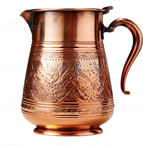 Shiny, polished <b>copper</b> pitcher with a tapered body and an elegant high-arched <b>handle</b>. Timeless charm available at wholesales - Product Image 6