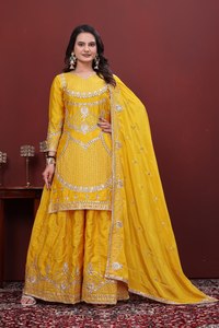 Sharara en soie jaune avec dupatta brodé, tenue de mariage traditionnelle indienne et pakistanaise pour femme, coupe classique, longueur ras du sol, été et hiver - Product Image 4