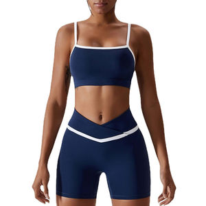 Women's Solid <b>Navy</b> Blue 2-Piece Sports <b>Set</b> Square Neck Crop Top High Waisted Shorts Breathable 100% Cotton Knitted Fitness Wear - Product Image 1