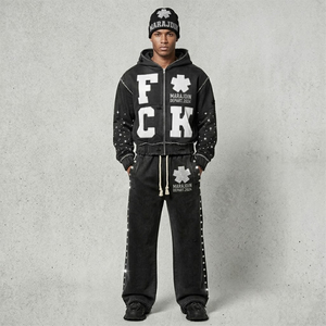 Ensemble de survêtement unisexe streetwear à capuche avec fermeture éclair, manches longues, imprimé pailleté, motif lettres, coupe ample, automne, pour adulte - Product Image 2