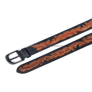 Ceinture usinée en cuir occidental de luxe sculptée à la main motif de feuille de cowboy avec boucle en laiton à finition noire solide lourde longueur personnalisée - Product Image 6