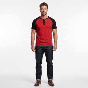Men's Red Black <b>Raglan</b> <b>Sleeve</b> <b>T</b>-<b>Shirt</b> Embroidered Logo Slim Fit Casual Knitted Short <b>Sleeve</b> Top - Product Image 4