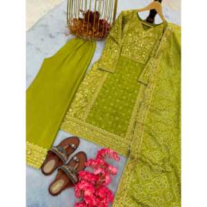 Conjuntos morados de diseñador Aarohi para mujer, top de seda a la moda, pantalones Plazzo y dupatta estampada, talla M - Product Image 1