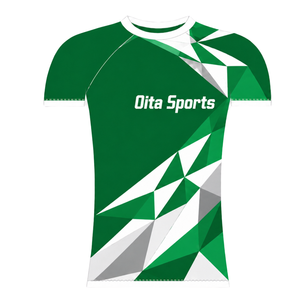 Maillot de compression athlétique à manches courtes vert et blanc, col ras du cou, motif géométrique, pour entraînement de performance et sports nautiques - Product Image 1