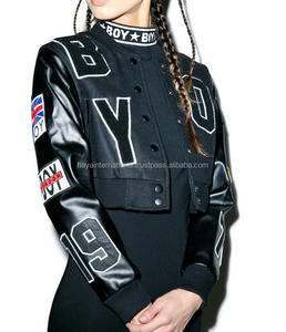 Chaqueta universitaria de lana de alta calidad HICVJ1 completamente negra para mujer, cuello levantado, temporada de invierno, bordado frontal, parches con logotipo, servicio OEM - Product Image 2