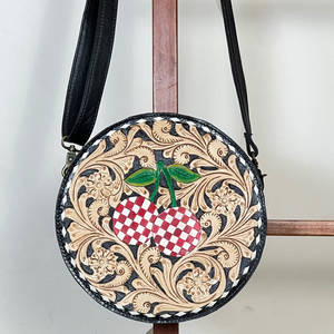 Bolso de Mano Redondo de Cuero Genuino Hecho a Mano de Primera Calidad, Diseño a Cuadros con Cerezas, Bolso Cruzado Floral para Mujer - Product Image 4