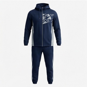 Men's <b>Navy</b> Blue Hooded Tracksuit Full Zip Geometric Print Sporty Sweatshirt And Pants Set With Side Pockets Autumn Wear - Product Image 1