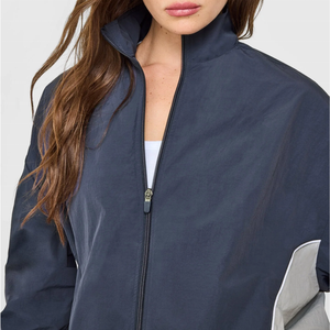 OEM Custom Logo Women Navy Color Block Windbreaker Jacket, Lightweight Zip up <b>Athletic</b> Track Top Street Wear - Product Image 5