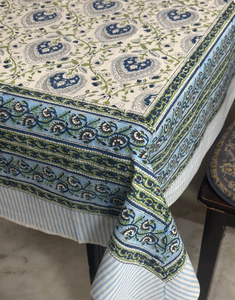 Mantel de Algodón Premium con Estampado Clásico, Diseño Floral Cuadrado, Tejido a Mano, para Uso Doméstico, Borde a Rayas Azul Verde - Product Image 4