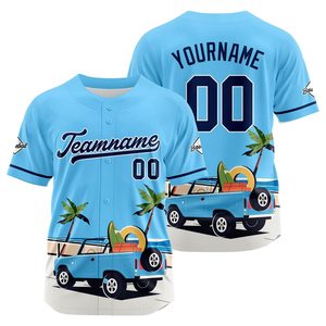 Custom Full Print <b>Baseball</b> Jersey Light Blue Summer Beach Truck Design Unisex Short Sleeve Button Closure Breathable Polyester - Product Image 1