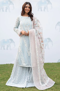 Vestido Anarkali Pakistaní Premium Azul Hielo Brillante, Largo, con Cuerpo Adornado con Cristales y Detalles Intrincados en Plata - Product Image 6