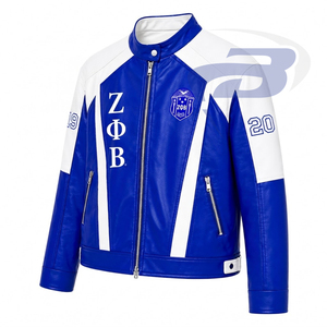 Zeta Phi Beta Sorority PU Leather Varsity <b>Jacket</b> Blue <b>White</b> Letter Print Full Sleeve Zipper Casual Style Women's Racing <b>Jacket</b> - Product Image 2