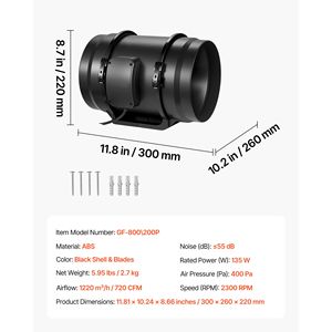 Ventilatore Inline Silenzioso da 8 Pollici con Motore AC, 720 CFM, per Ventilazione ed Estrazione Aria in Tende da Coltivazione e Impianti Idroponici, Potenziatore di Riscaldamento e Raffreddamento - Product Image 3