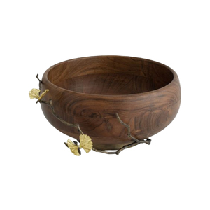 Bol à salade élégant en bois d'acacia avec accent oiseau en étain métallique, bol de service en bois pour fruits et collations, vente en gros, décoration de table pour la maison - Product Image 5