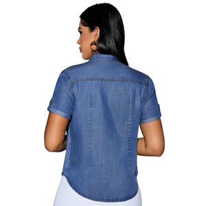 Camisa vaquera de manga corta para mujer, con botones, corte ajustado, de algodón lavado, cuello vuelto, blusa de mezclilla, top de moda de verano para uso diario - Product Image 2