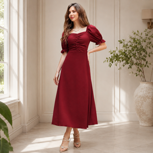 Vestido Maxi Elegante Color Borgoña para Mujer con Cuello Cuadrado y Mangas Abullonadas |   Vestido de fiesta casual con escote fruncido y corte en A para la noche - Product Image 3
