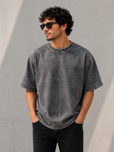 Camiseta Personalizada Vintage para Hombre, Cuello Redondo, Talla Grande, Color Sólido, Lavado Ácido, Teñido en Prenda, 100% Algodón, Estilo Casual Urbano, Verano - Product Image 3