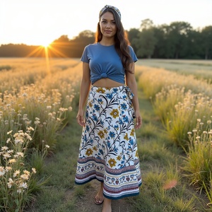 Elegant Bohemian Style Handmade Floral <strong>Print</strong> Women's Knee-Length Wraparound Skirt <strong>Bright</strong> Blue Yellow Cotton <strong>Fabric</strong>-Machine Made - Product Image 4