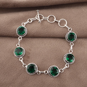 925 Sterling Silver Green <b>Emerald</b> Brass Handmade Tennis Style Fashion Bracelets Round Shape Cut Faceted Cut Gemstones For Women - Product Image 2