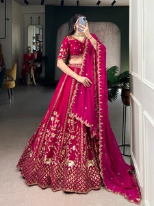 Wholesale Natural Silk Wedding Lehenga Choli With Sequins Thread Embroidery And Double Cancan Bulk Supply India - Product Image 3