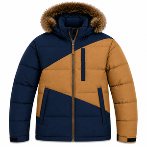 OEM Mens Winter Puffer Jacket Ripstop Nylon Custom <b>Rubber</b> Patch Windproof Insulated Color <b>Block</b> Hooded Coat - Product Image 1