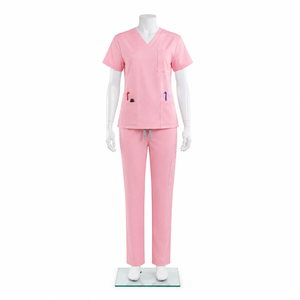 Blouse d'hôpital pour femme, col en V, manches courtes, bleu marine, coton et polyester tissé, avec poches - Product Image 2