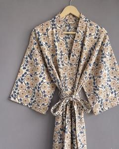 Robe Kimono Ample à Imprimé Floral 100% Coton Manches Trois-Quarts Style Japonais Longueur Genou Respirante Tenue Décontractée Taille Naturelle - Product Image 5