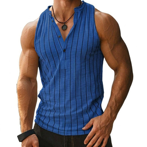 Men's Factory Wholesale Sleeveless Henley Shirt <b>Athletic</b> Muscle Fit Pinstripe Tank Top Breathable Stand Collar Tank Tops For Men - Product Image 1