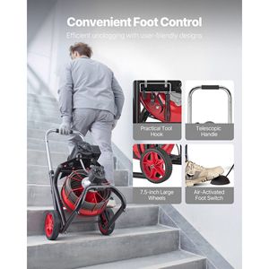Sonda per la pulizia delle fognature con alimentazione automatica su ruote, 8 frese, 30,5 m x 3/8 pollici, macchina per la pulizia degli scarichi con interruttore a pedale ad azionamento pneumatico - Product Image 6