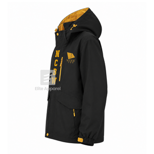 Custom NCBW Coalition Windproof <b>Rain</b> <b>Jacket</b> <b>Black</b> and Gold Polyester Full Sleeve Zipper Front Embroidered Logo - Product Image 4