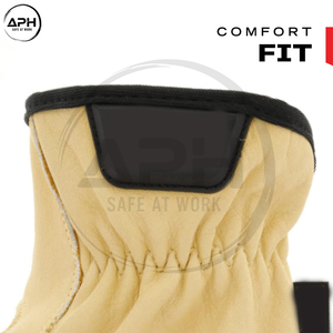 Premium Tan Leather Work Driver Gloves Black Trim Cuff Pull <b>Tab</b> Reinforced Thumb Utility Industrial Driving Mechanics Hand Wear - Product Image 6