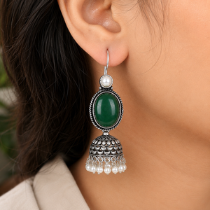 Handmade Oxidized <b>Silver</b> Green Oval Stone Pearl Drop Jhumka <b>Earrings</b> - Product Image 5