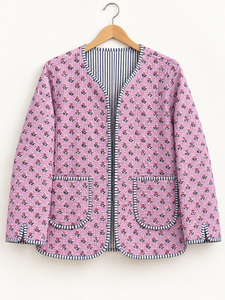 Chaqueta Reversible para Mujer, 100% Algodón, Acolchada, con Estampado Floral, Cuello Redondo, Abertura Frontal, Bolsillos de Parche - Product Image 4