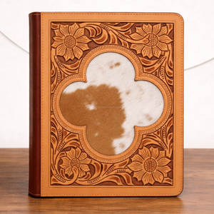 Western Tooled <b>Leather</b> Portfolio <b>Folder</b> with Hairon Inlay Premium Handmade Executive Organizer Trendy <b>A4</b> File Business Gifts - Product Image 2