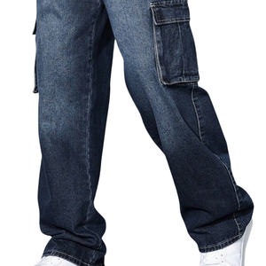 Pantalones Cargo de Mezclilla Azul Oscuro para Hombre, Corte Recto Relajado, Transpirables, con Múltiples Bolsillos, Estilo Casual, Lavado, para Uso Diario - Product Image 5
