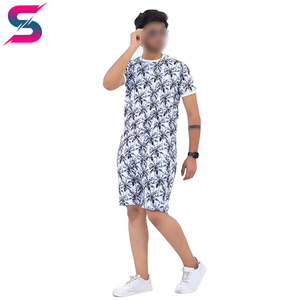Good Selling Casual Summer Outfit Breathable <b>Knitted</b> Polyester Wear Men's Blue Leaf Print Crew Neck T-Shirt & Shorts <b>Sets</b> - Product Image 3