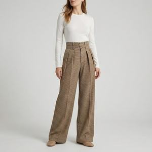 Pantalon large à taille haute pour femme, à carreaux, plissé, coupe ample, longueur intégrale, en laine et polyester, décontracté, pour l'automne - Product Image 2