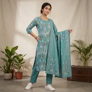 Women Aqua Blue Cotton Printed Straight Kurti <b>Pant</b> Dupatta Set Geometric Pattern <b>Three</b> <b>Quarter</b> Sleeve Ethnic Traditional Wear - Product Image 5