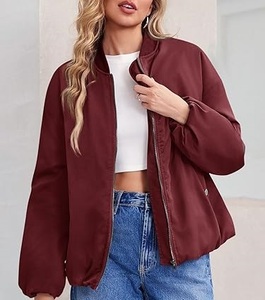 Plain Maroon Color Zip Up Women Bomber <b>Jacket</b> Loose Plus Size <b>Crop</b> Tops Zipper Closure Outerwear Breathable Ladies Bomber <b>Jacket</b> - Product Image 3