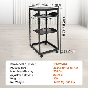 Rack de servidor de marco abierto 20U, gabinete de servidor de red independiente con montaje en pared y profundidad ajustable de 23-40, con 4 postes, marca Cas - Product Image 6