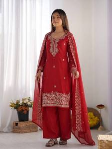 <b>Red</b> <b>Silk</b> Embroidered Palazzo Set Women Indian Pakistani Outfit Kurta Dupatta Wedding Party Wear - Product Image 3