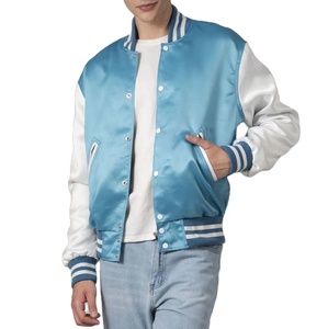 เสื้อแจ็คเก็ตวาร์ซิตี้สีฟ้าอ่อนแขนสีขาวสำหรับผู้ชาย สไตล์พรีปปี้ ผ้าซาติน ทรงบอมเบอร์ คอปกพับได้ ทรงปกติ เหมาะสำหรับใส่ในฤดูใบไม้ร่วง - Product Image 4