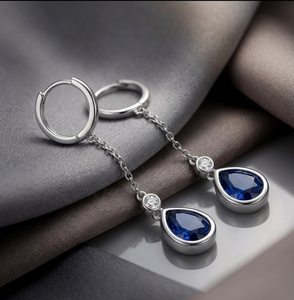 Designer Blue Hydro <b>Earrings</b> 6 Inch <b>Long</b> Pear Shape with CZ 925 Sterling <b>Silver</b> 18K Gold Plated Statement Jewelry - Product Image 3