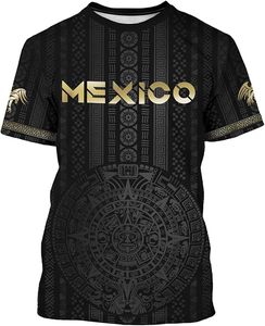 T-shirt noir Mexique avec motif calendrier aztèque, texte doré, en polyester, style athlétique, souvenir - Product Image 1