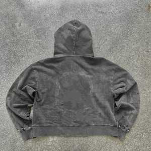 Sudadera con capucha unisex estilo punk desgastada con cremallera, lavado ácido, 100% algodón, con apliques y estampado de letras con tachuelas para otoño - Product Image 3